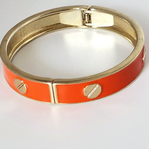 Orange & Gold Tone Enamel Bangle Hinge Bracelet 7.25" x 1/2" - Picture 1 of 4